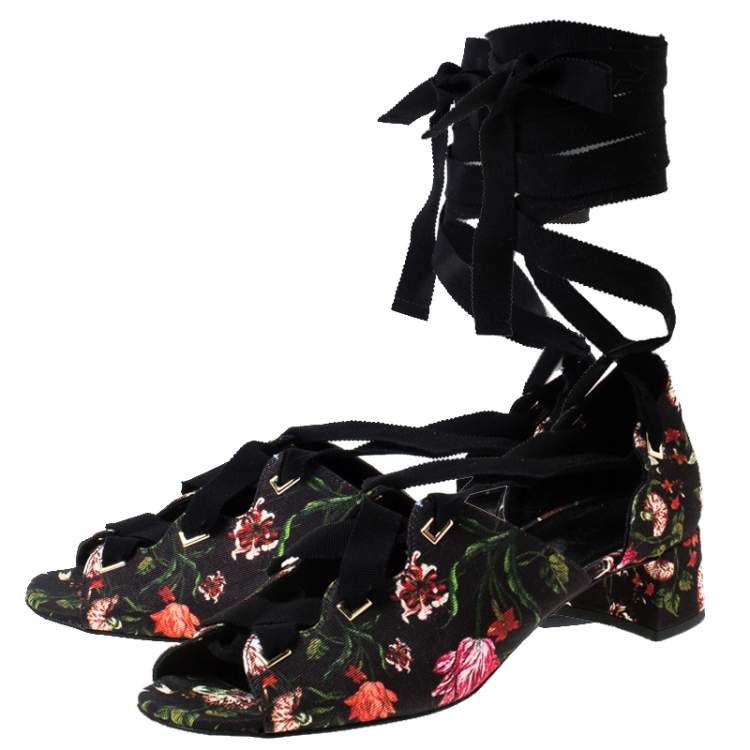 Pre Owned Erdem Black Floral Canvas Cut Out Lace Up Sandals Size 38