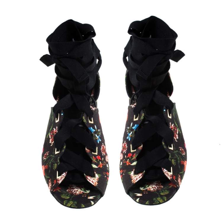Pre Owned Erdem Black Floral Canvas Cut Out Lace Up Sandals Size 38