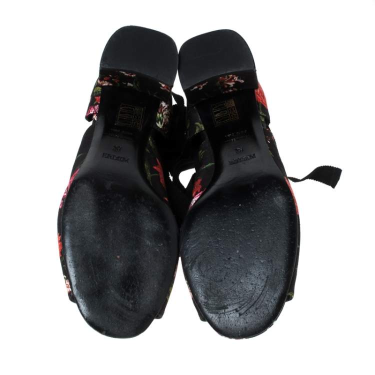 Pre Owned Erdem Black Floral Canvas Cut Out Lace Up Sandals Size 38