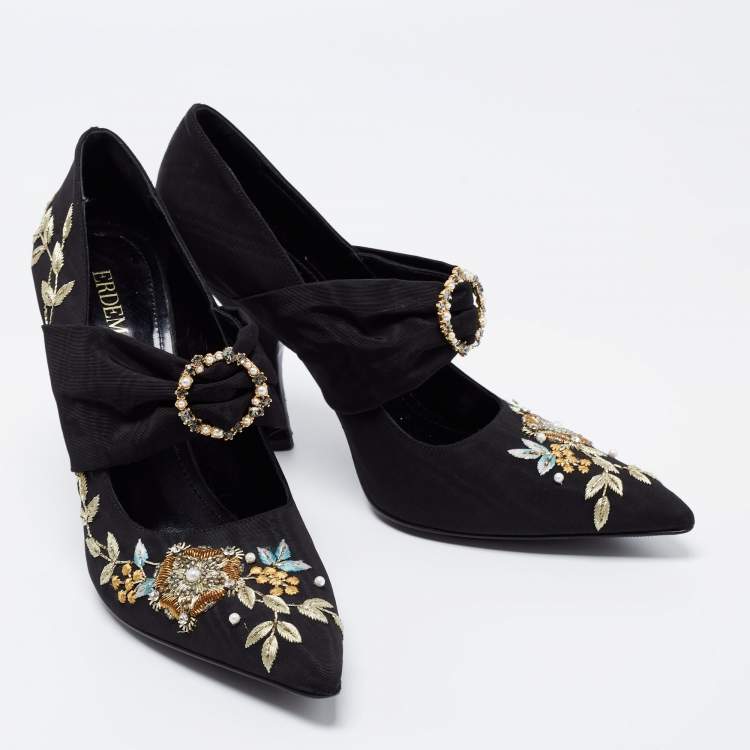 Pre Owned Erdem Black Canvas Embroidered Pumps Size 39