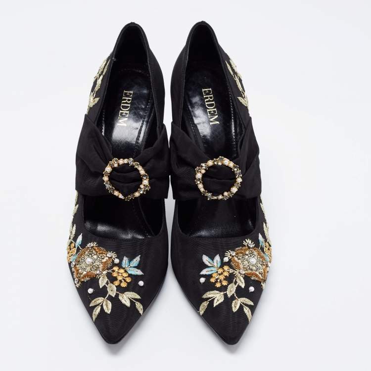 Pre Owned Erdem Black Canvas Embroidered Pumps Size 39
