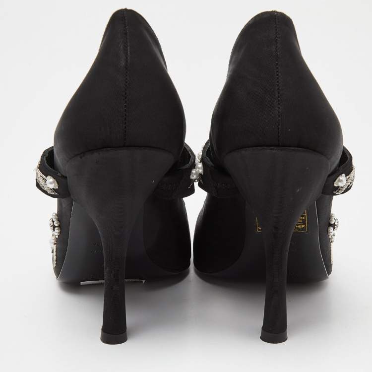 Pre Owned Erdem Black Fabric Crystals Embellished Strap Pumps Size 40