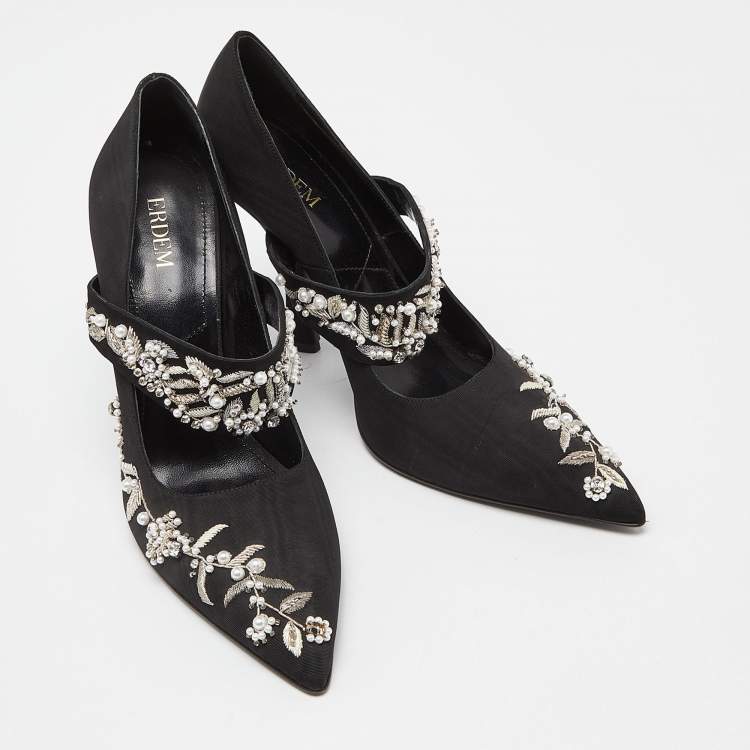 Pre Owned Erdem Black Fabric Crystals Embellished Strap Pumps Size 40