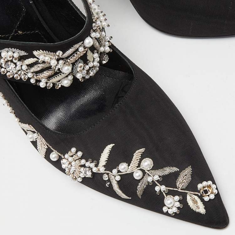 Pre Owned Erdem Black Fabric Crystals Embellished Strap Pumps Size 40