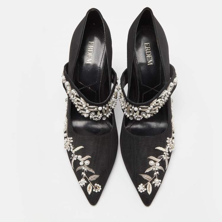 Pre Owned Erdem Black Fabric Crystals Embellished Strap Pumps Size 40