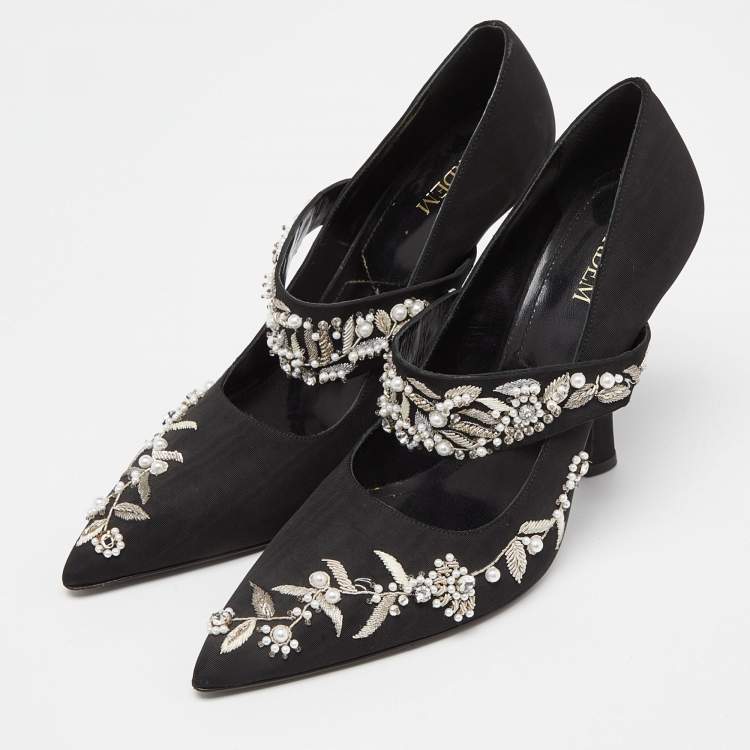 Pre Owned Erdem Black Fabric Crystals Embellished Strap Pumps Size 40