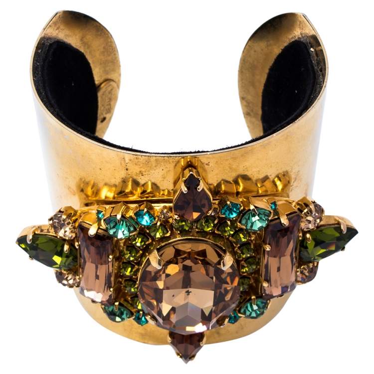 Pre Owned Erickson Beamon Gold Tone Crystal Embellished Open Cuff Bracelet