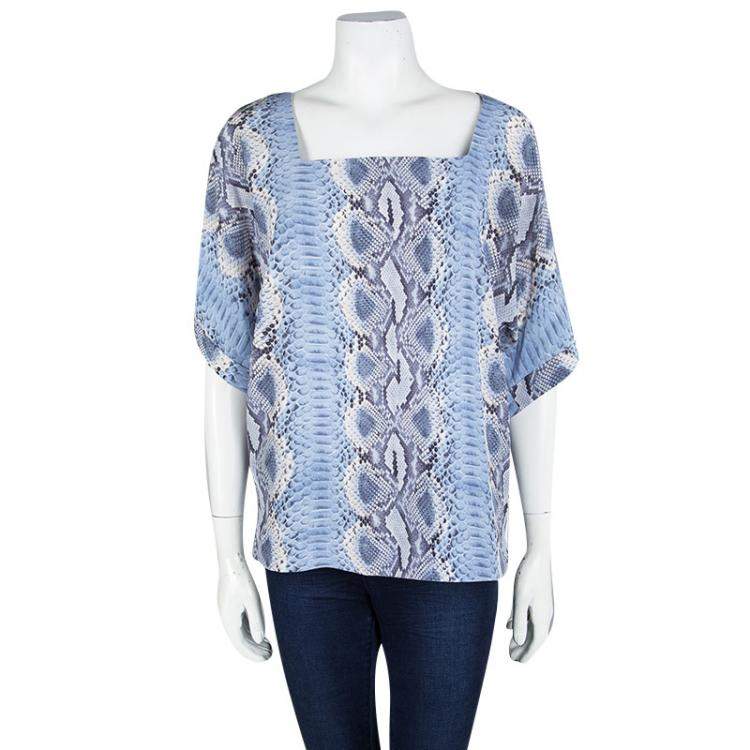 Pre Owned Ermanno Scervino Blue Python Print Silk Short Sleeve Top M