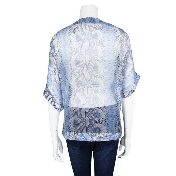 Pre Owned Ermanno Scervino Blue Python Print Silk Short Sleeve Top M