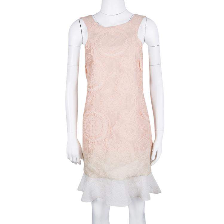 Pre Owned Ermanno Scervino Peach Ombre Embossed Jacquard Ruffled Bottom Sleeveless Dress M