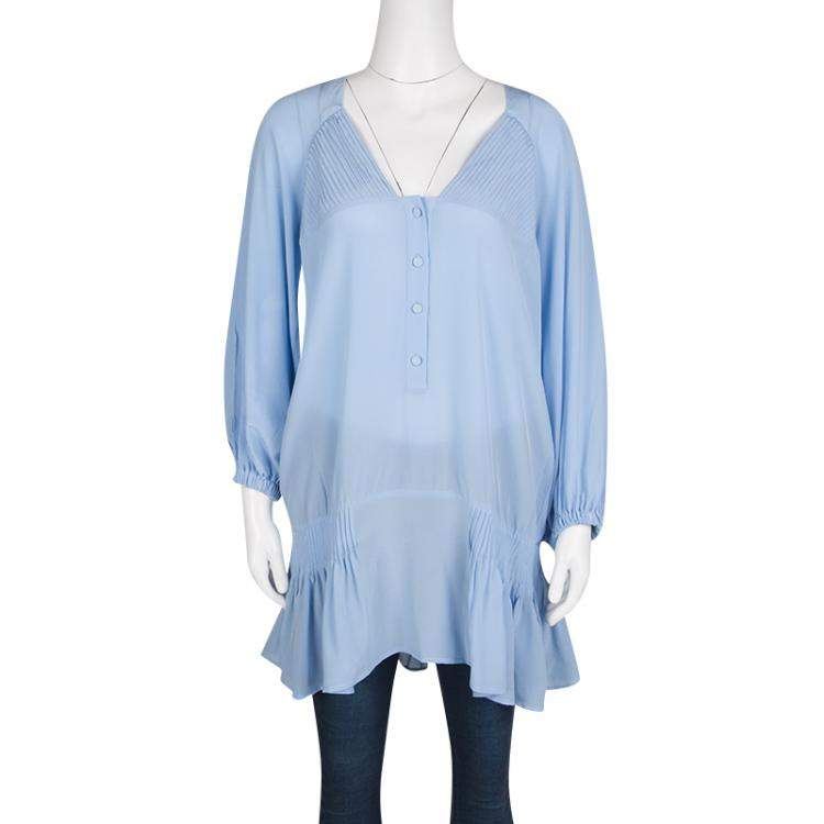 Pre Owned Ermanno Scervino Powder Blue Silk Pintuck Detail Long Sleeve Tunic M
