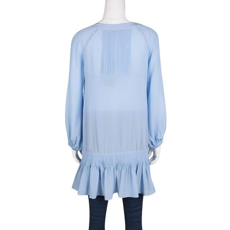 Pre Owned Ermanno Scervino Powder Blue Silk Pintuck Detail Long Sleeve Tunic M