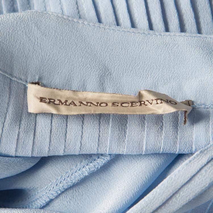 Pre Owned Ermanno Scervino Powder Blue Silk Pintuck Detail Long Sleeve Tunic M