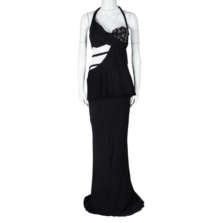 Pre Owned Ermanno Scervino Black Embellished Cutout Detail Backless Halter Gown M 