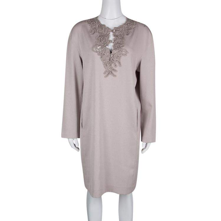 مملوكة مسبقًا Ermanno Scervino Beige Contrast Lace Neck Trim Detail Long Sleeve Dress L