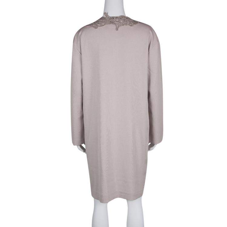 مملوكة مسبقًا Ermanno Scervino Beige Contrast Lace Neck Trim Detail Long Sleeve Dress L