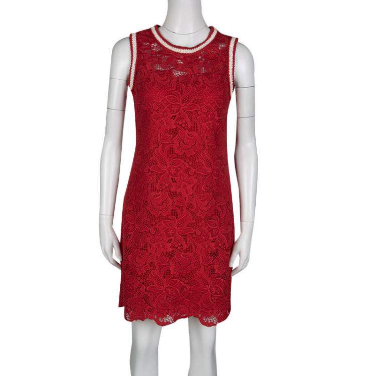 Pre Owned Ermanno Scervino Red Floral Lace Contrast Trim Sleeveless Dress S
