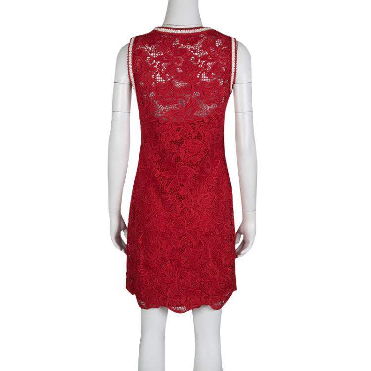Pre Owned Ermanno Scervino Red Floral Lace Contrast Trim Sleeveless Dress S