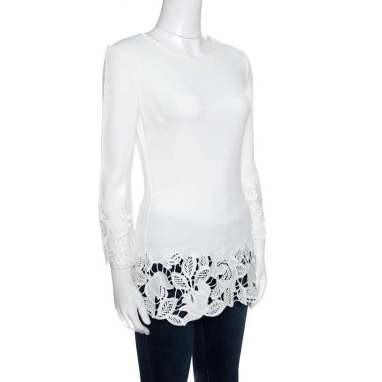 Pre Owned Ermanno Scervino Off White Floral Lace Trim Detail Long Sleeve Top S