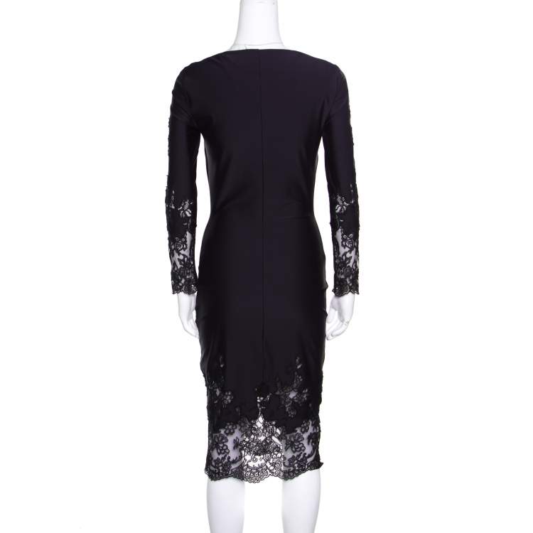 Pre Owned Ermanno Scervino Navy Blue Draped Neckline Lace Detail Fitted Midi Dress XS