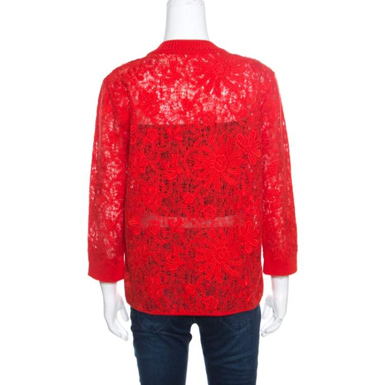 Pre Owned Ermanno Scervino Red Lace Paneled V Neck Sweater M
