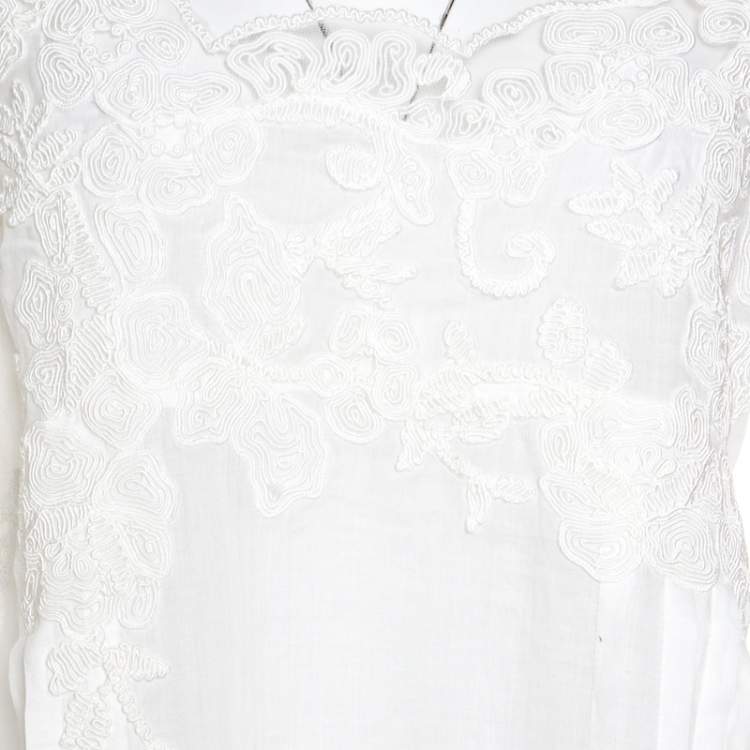 Pre Owned Ermanno Scervino White Floral Embroidered Lace Overlay Long Sleeve Ramie Dress M