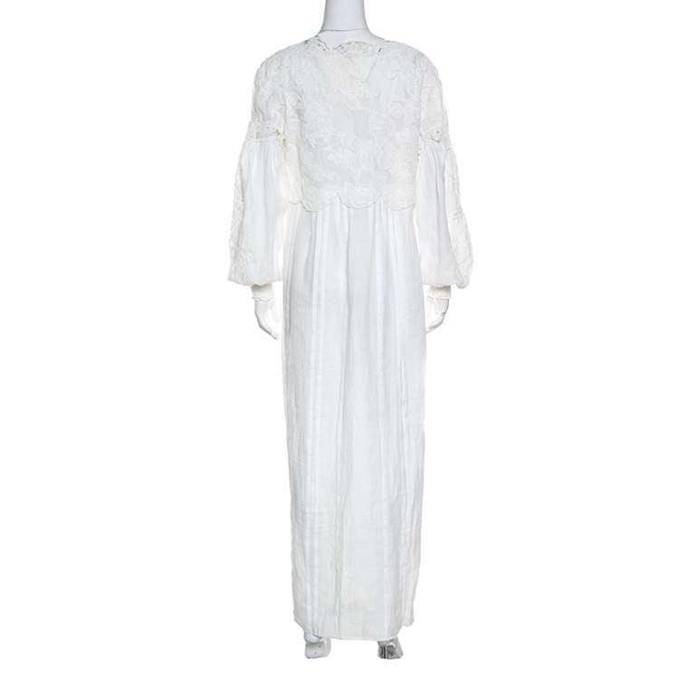 Pre Owned Ermanno Scervino White Floral Embroidered Lace Overlay Long Sleeve Ramie Dress M