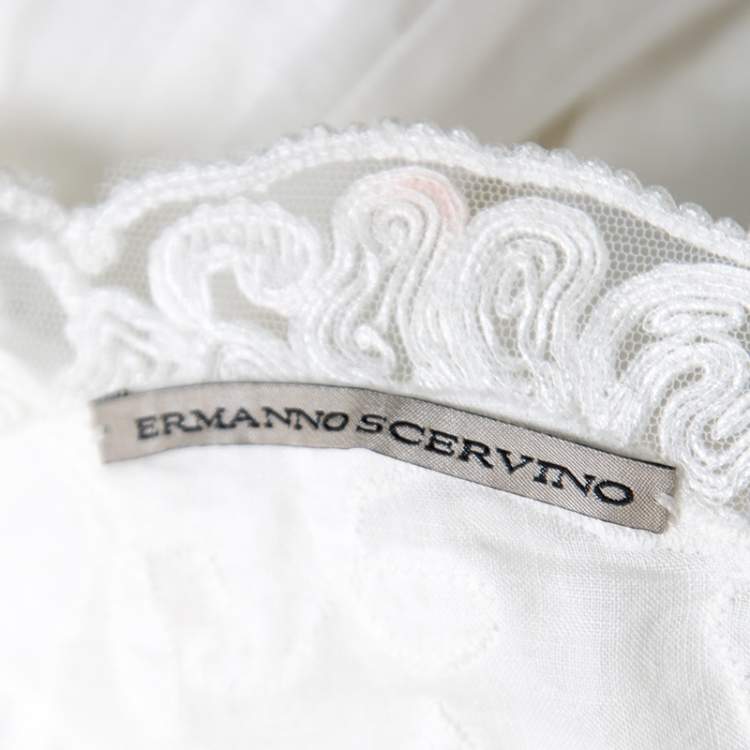 Pre Owned Ermanno Scervino White Floral Embroidered Lace Overlay Long Sleeve Ramie Dress M