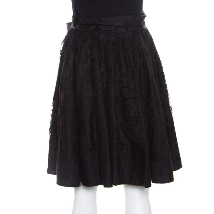 Pre Owned Ermanno Scervino Black Cashmere and Silk Bend Floral Lace A Line Skirt S