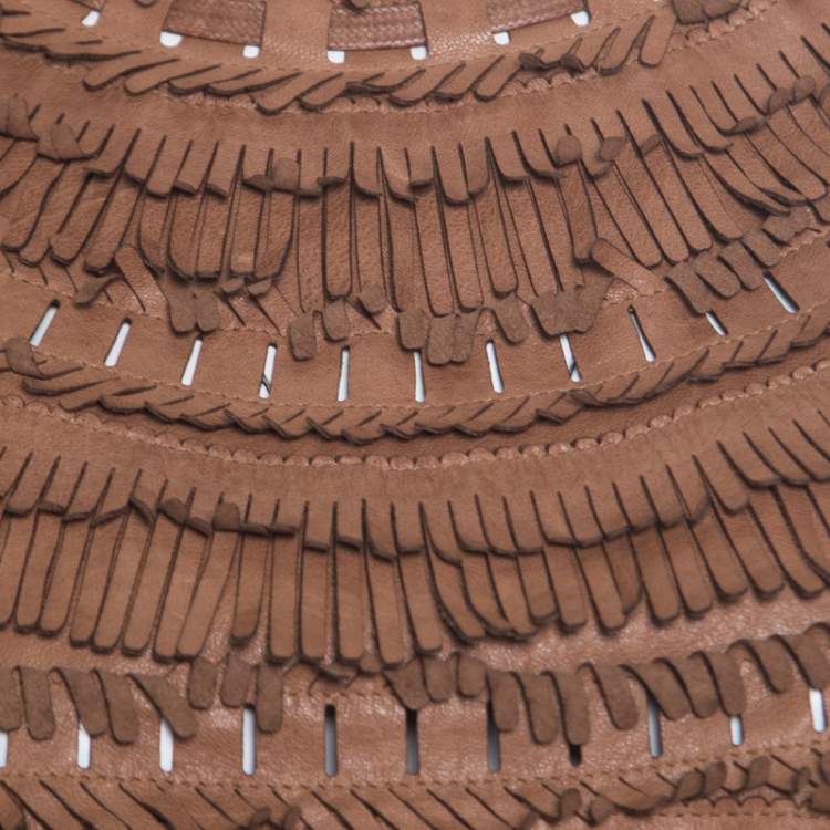 Pre Owned Ermanno Scervino Brown Leather Cutout Detail Fringed Top S