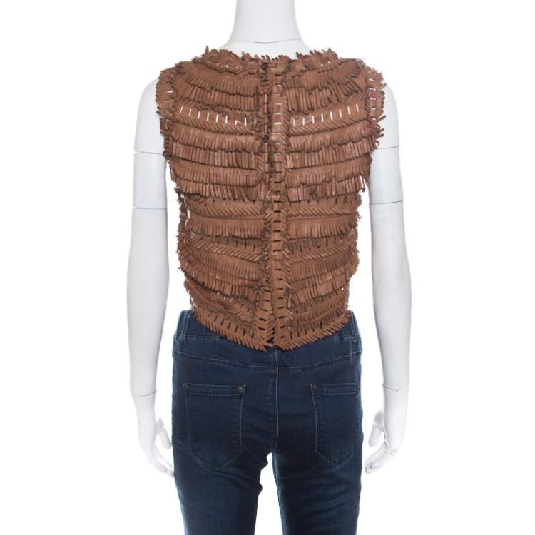 Pre Owned Ermanno Scervino Brown Leather Cutout Detail Fringed Top S