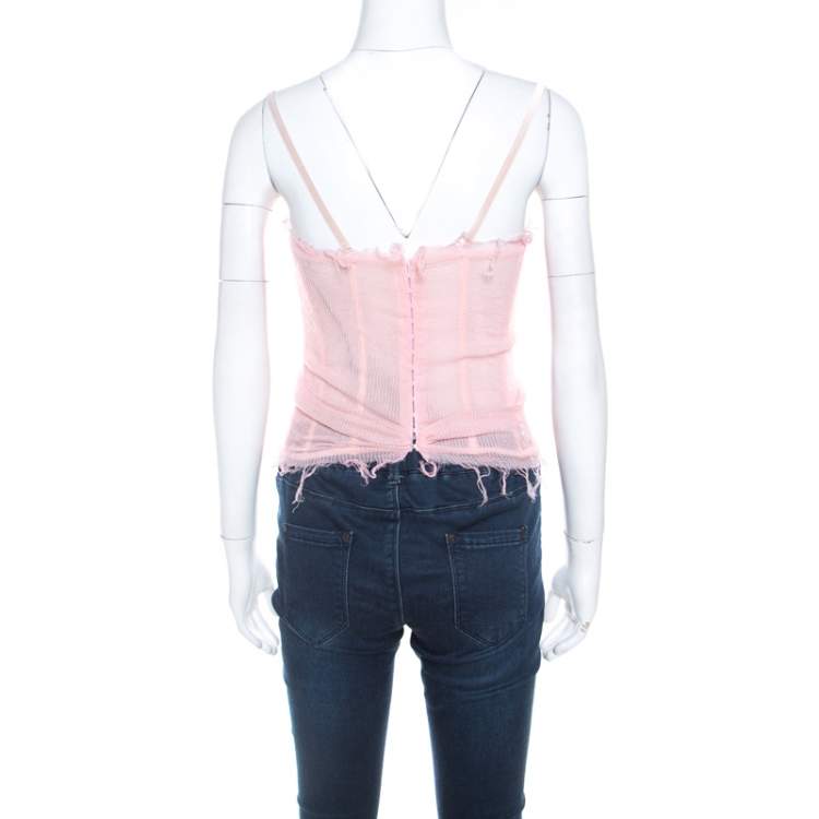 Pre Owned Ermanno Scervino Pink Pleated Silk Frayed Detail Ruffled Corset Top M