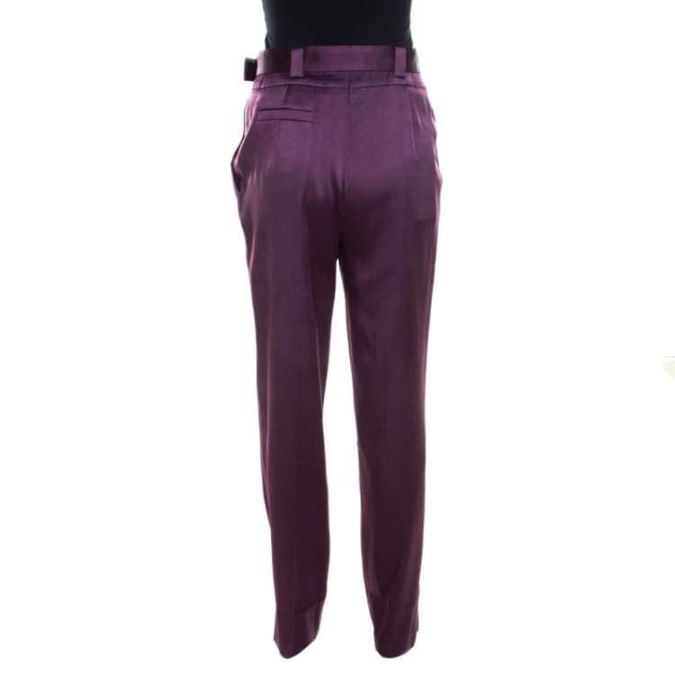 Pre Owned Escada Purple Stretch Satin Logo Belt Detail High Waist Tapered Trousers M