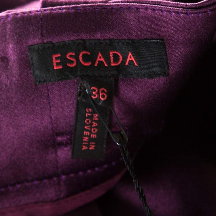 Pre Owned Escada Purple Stretch Satin Logo Belt Detail High Waist Tapered Trousers M