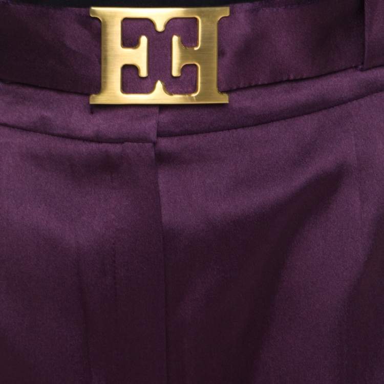 Pre Owned Escada Purple Stretch Satin Logo Belt Detail High Waist Tapered Trousers M