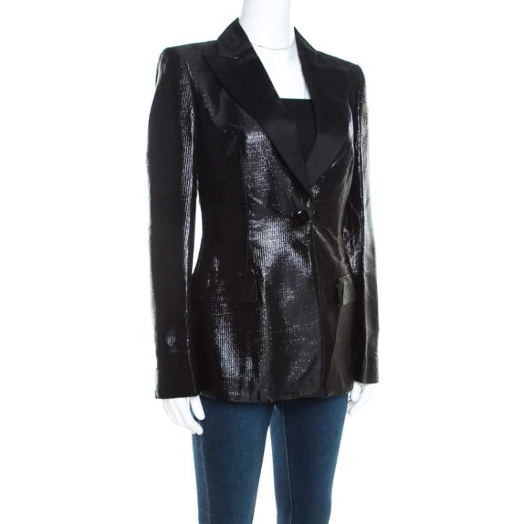 Pre Owned Escada Metallic Black Satin Trim Tailored Blazer M