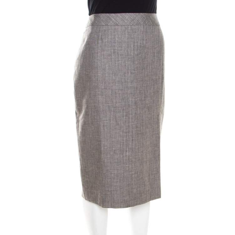 Pre Owned Escada Grey Linen and Wool Front Slit Detail Pencil Skirt L