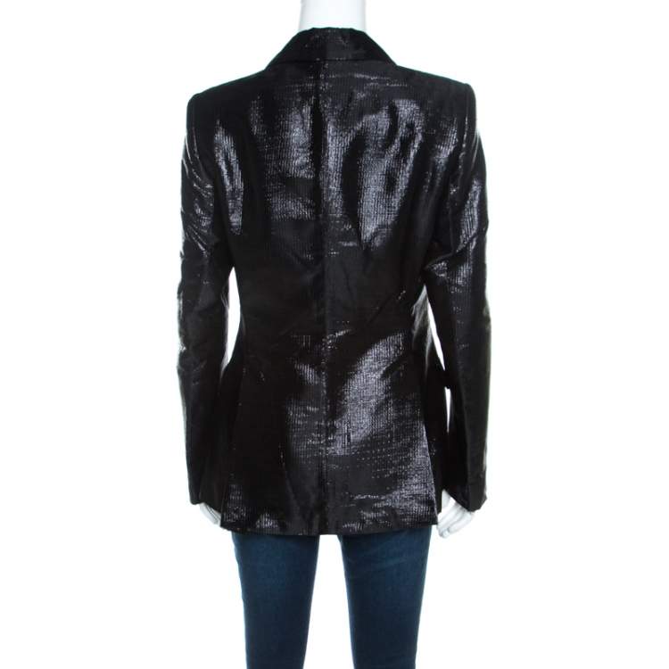 Pre Owned Escada Metallic Black Satin Trim Tailored Blazer L