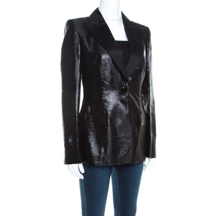 Escada Metallic Black Satin Trim Tailored Blazer L Escada