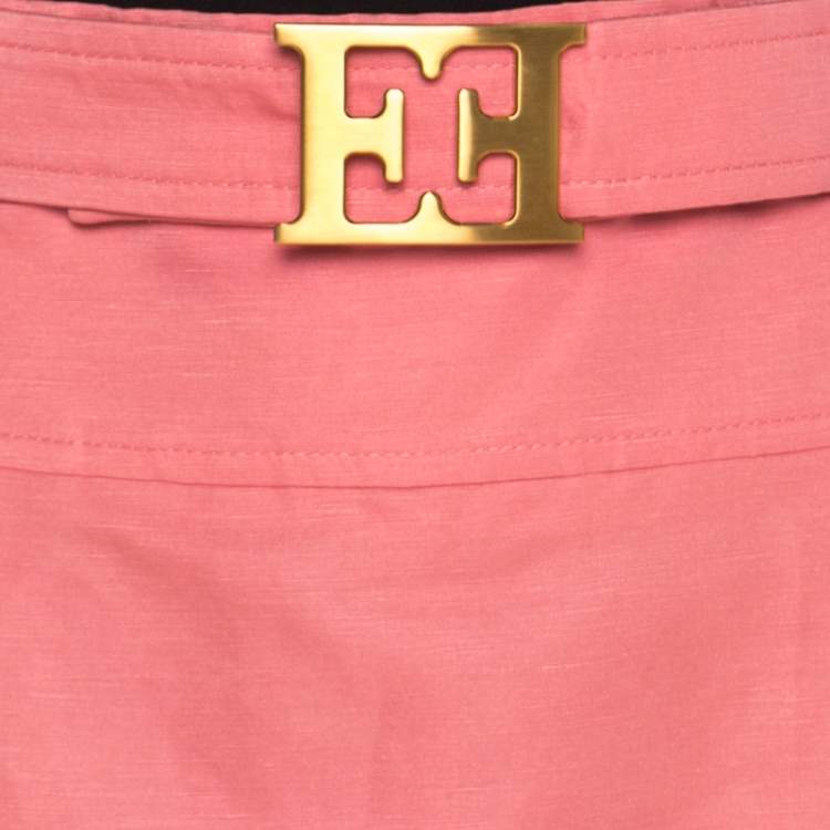 Pre Owned Escada Pink Slub Linen and Silk Logo Belt Detail High Waist Skirt M