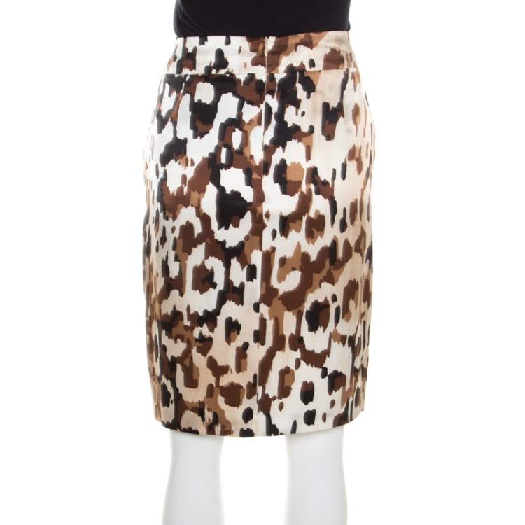 Pre Owned Escada Brown Abstract Camouflage Printed Silk Satin Skirt M 