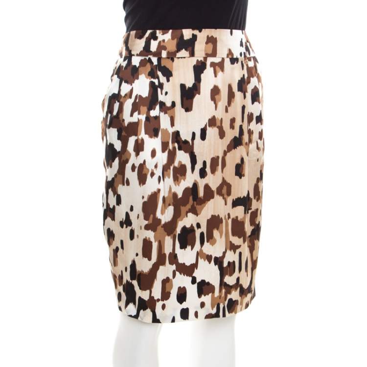 Pre Owned Escada Brown Abstract Camouflage Printed Silk Satin Skirt M 
