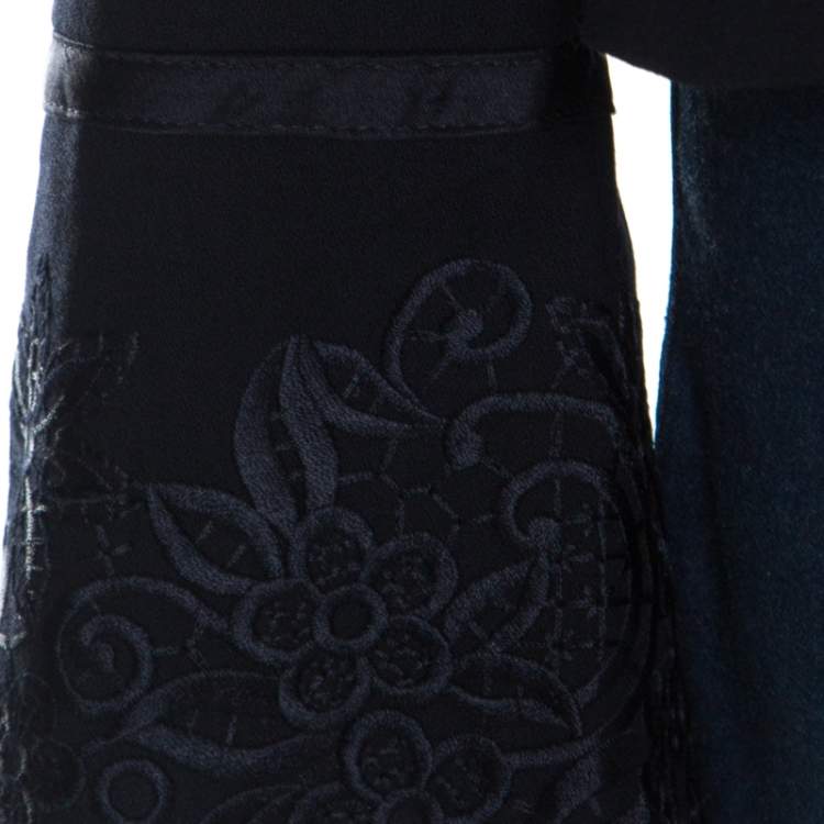 Pre Owned Escada Black Crepe Wool Embroidered Cuff Trim Button Front Blazer L