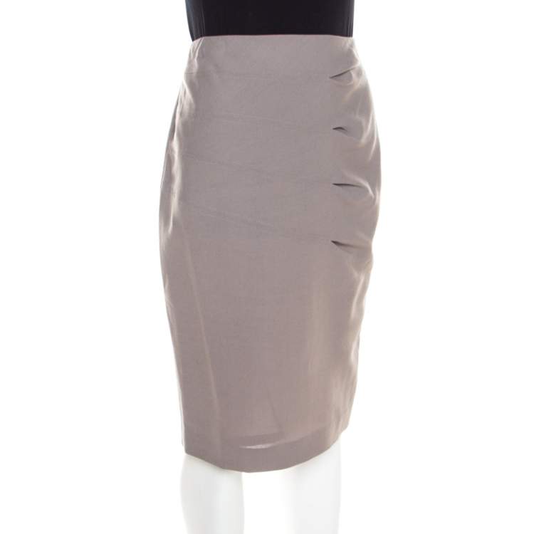 Pre Owned Escada Shadow Grey Wool Inverted Pleat Detail Renja Pencil Skirt M