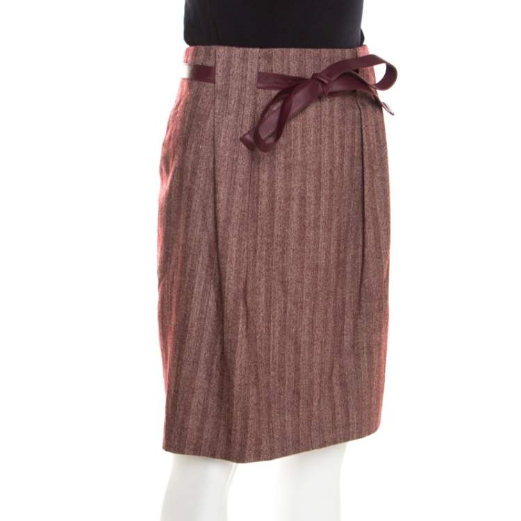 Pre Owned Escada Burgundy Herringbone Wool and Silk Knotted Leather Belt Detail Skirt XL
