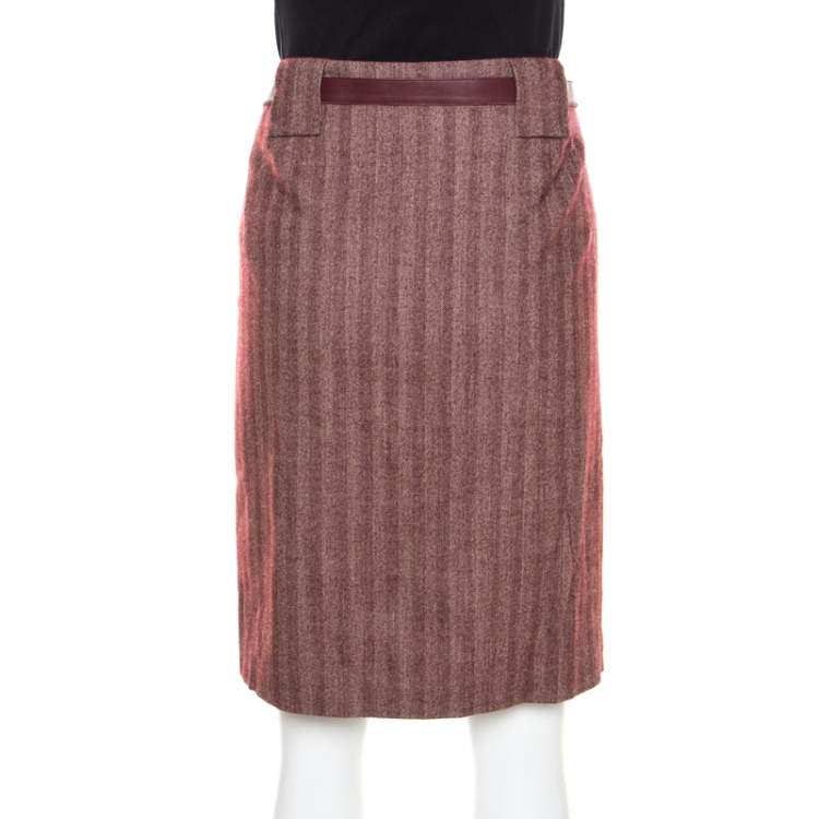 Pre Owned Escada Burgundy Herringbone Wool and Silk Knotted Leather Belt Detail Skirt XL