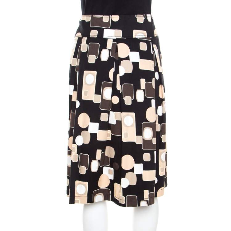 Pre Owned Escada Black Geometric Print Cotton Pleated Skirt L