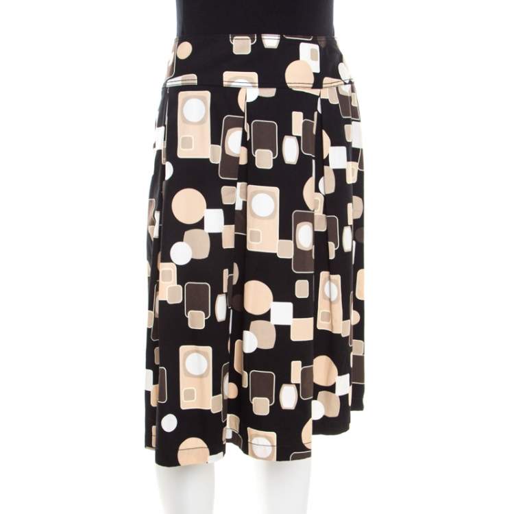 Pre Owned Escada Black Geometric Print Cotton Pleated Skirt L