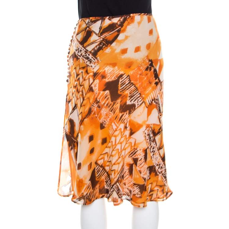 Pre Owned Escada Orange Abstract Print Silk Georgette A Line Skirt L