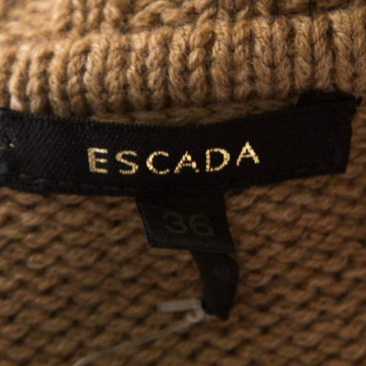 Pre Owned Escada Camel Brown Cashmere Wool Roll Neck Fringed Pullover M